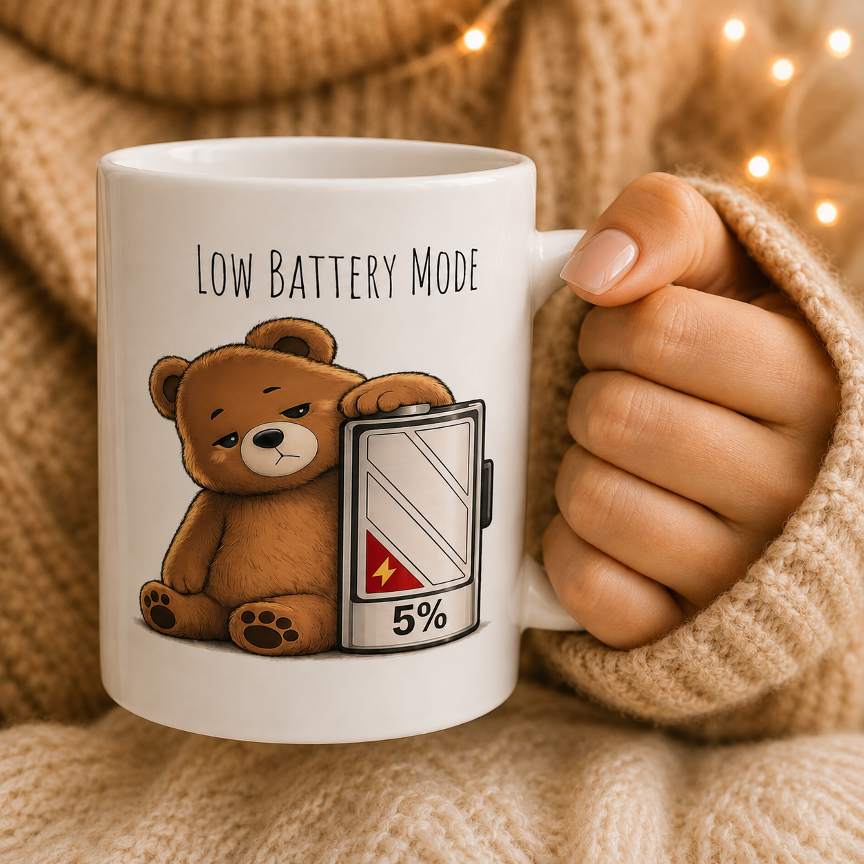 Cute Bear Coffee Mug | Low Batter Mode Mug | Bear Lover Gift | 11oz, 15oz Coffee Cup