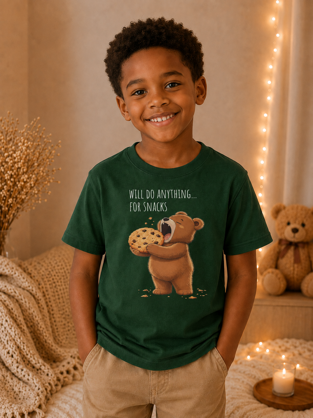Will Do Anything for Snacks Kids T-Shirt |  Bear Graphic Tee | Youth XS-XL | Ages 4-14