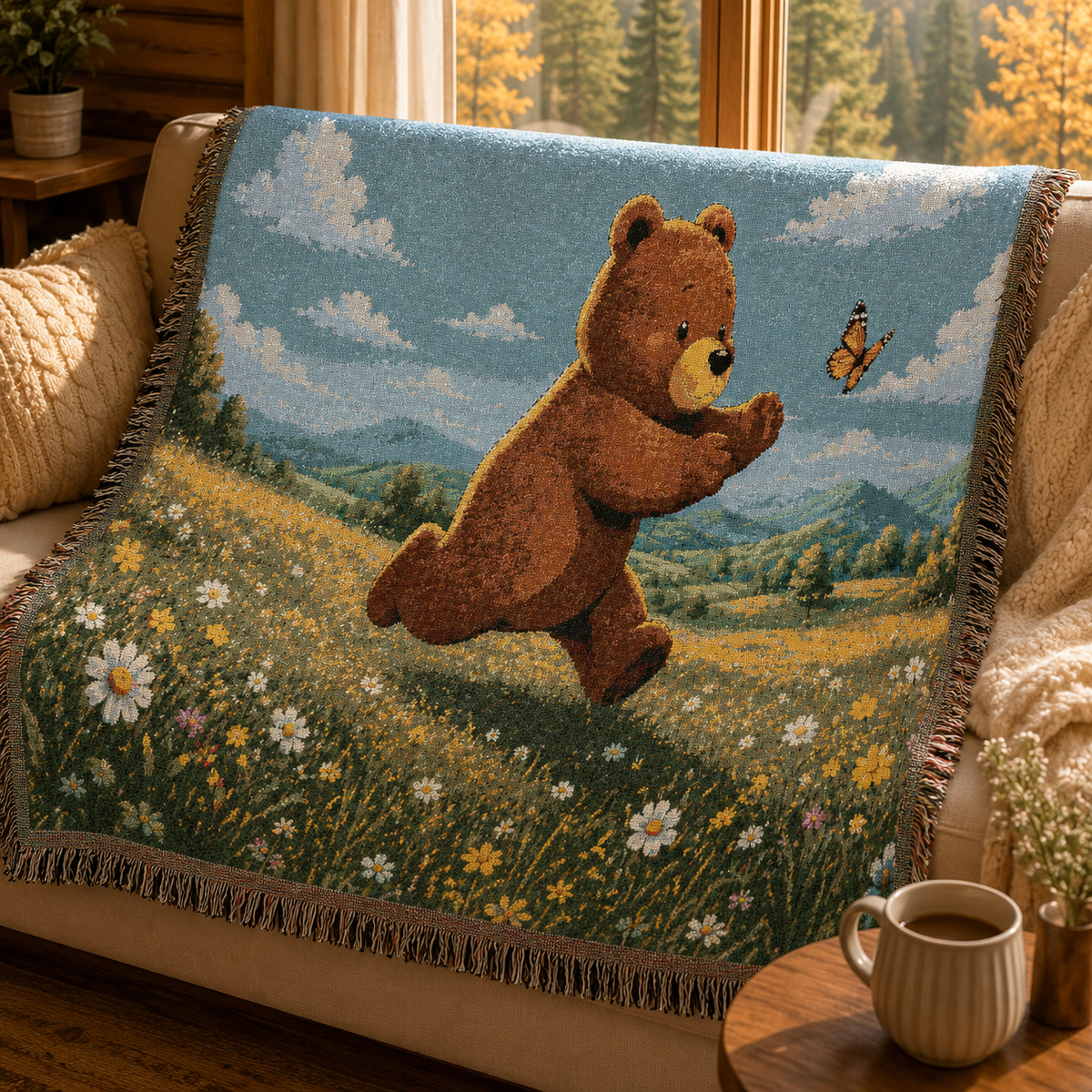 Cozy Bear chasing butterfly Woven Blanket, Scenic Bear Tapestry Blanket, Rustic Cabin Decor, Woodland Bear Gift, Cozy Home Blanket