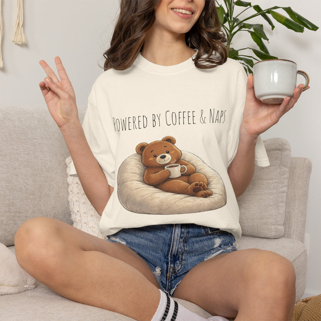 Powered by Coffee & Naps Bear T-Shirt | Cute Cozy Bear Unisex Graphic Tee | Coffee Lover Gift