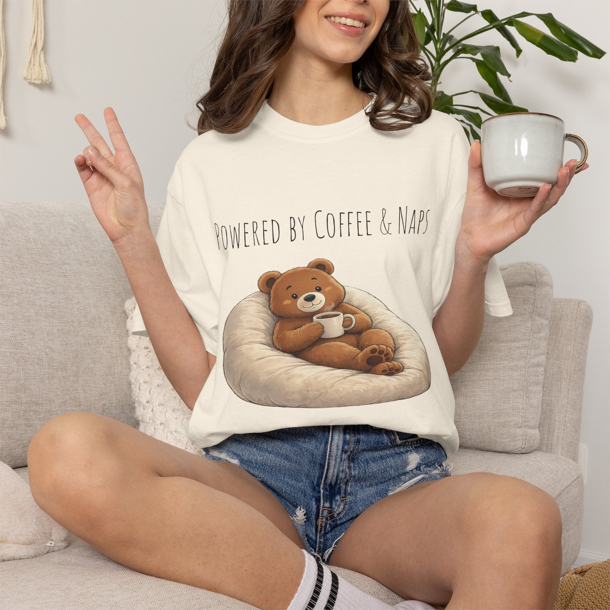 Powered by Coffee & Naps Bear T-Shirt | Cute Cozy Bear Unisex Graphic Tee | Coffee Lover Gift