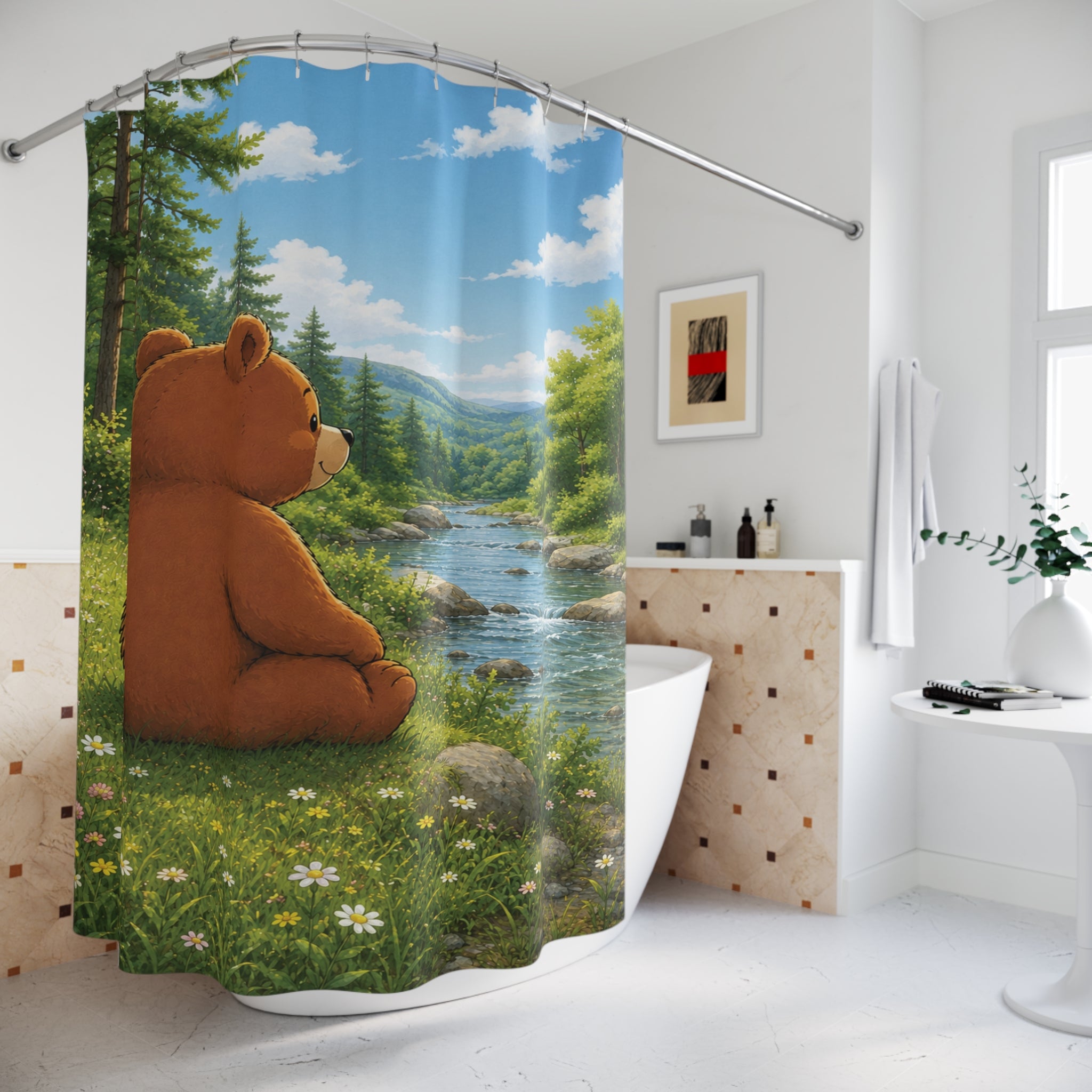 Cute Bear Shower Curtain | Woodland Forest Bathroom Decor | Nature Bath Curtain | Rustic Cabin Bathroom | Cottagecore Home Decor