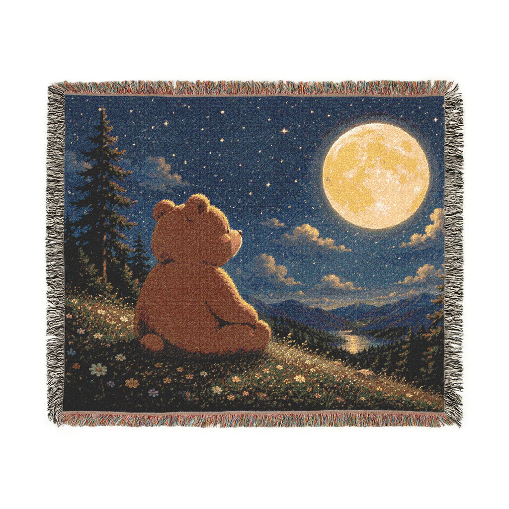 Cozy Bear Woven Blanket, Scenic Bear Tapestry Blanket, Cute Bear Moonlight, Rustic Cabin Decor, Woodland Bear Gift, Cozy Home Blanket