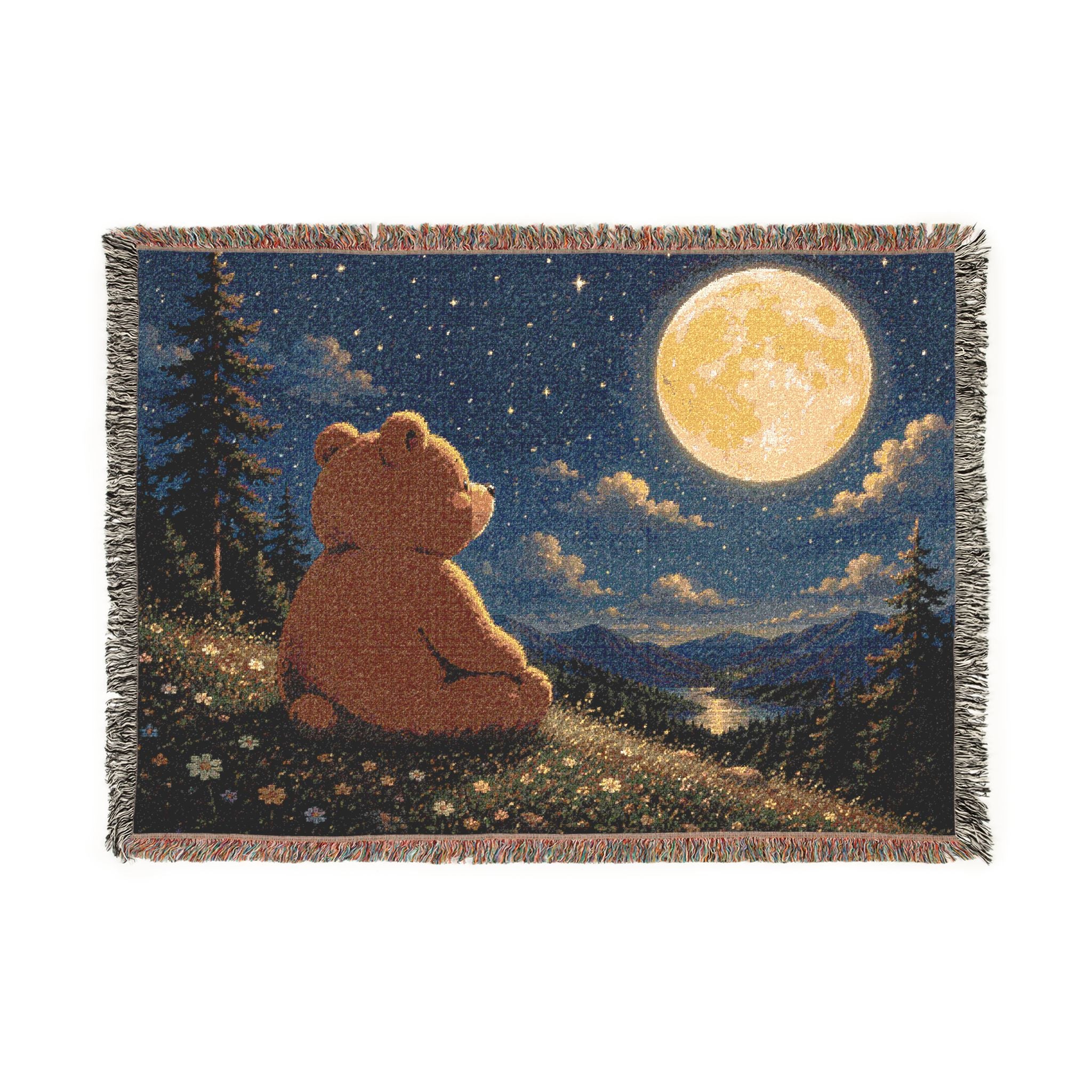 Cozy Bear Woven Blanket, Scenic Bear Tapestry Blanket, Cute Bear Moonlight, Rustic Cabin Decor, Woodland Bear Gift, Cozy Home Blanket