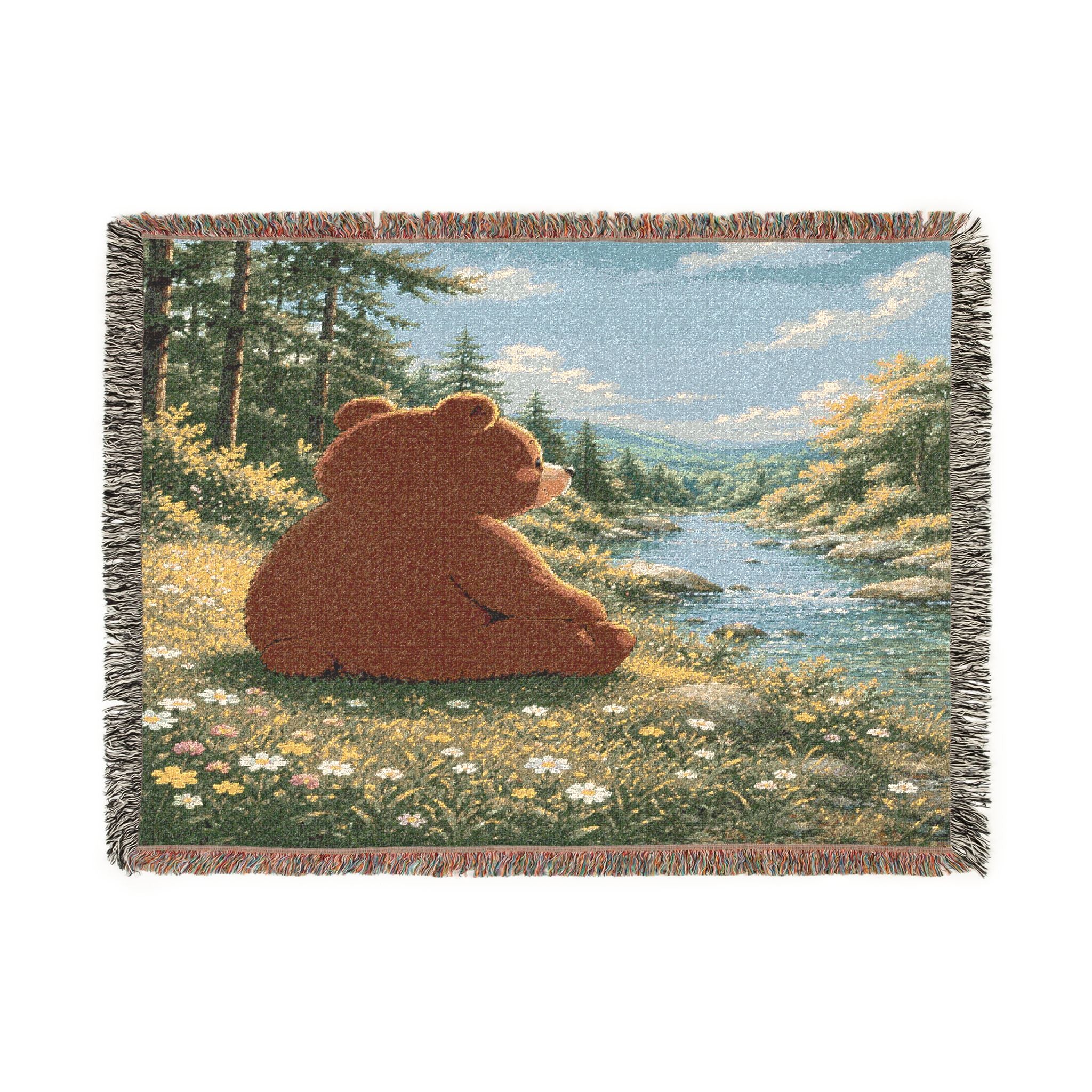 Cozy Bear Woven Blanket, Scenic Bear Tapestry Blanket, Nature River Throw, Rustic Cabin Decor, Woodland Bear Gift, Cozy Home Blanket