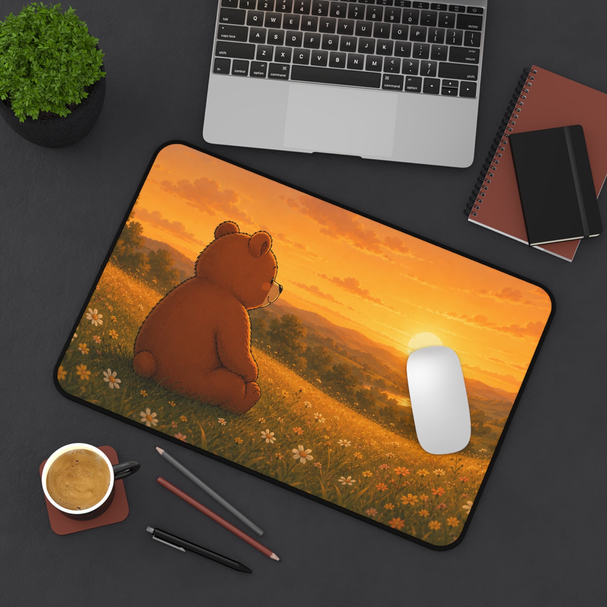 Cute Bear Desk Mat 32x16" | Large Mouse Pad | Cozy Office Desk Decor | Sunset Bear Gaming Mat | Bear Lover Gift
