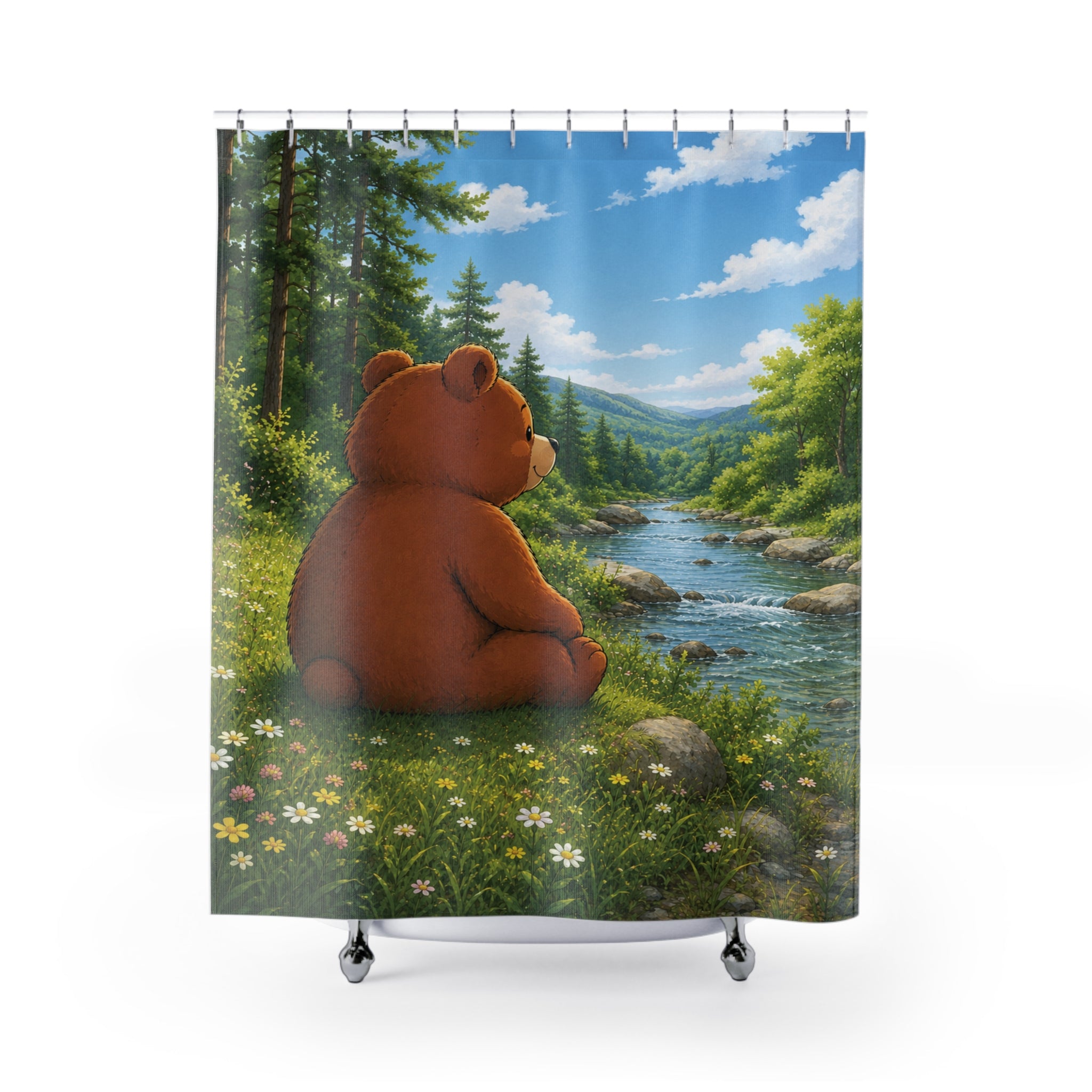 Cute Bear Shower Curtain | Woodland Forest Bathroom Decor | Nature Bath Curtain | Rustic Cabin Bathroom | Cottagecore Home Decor