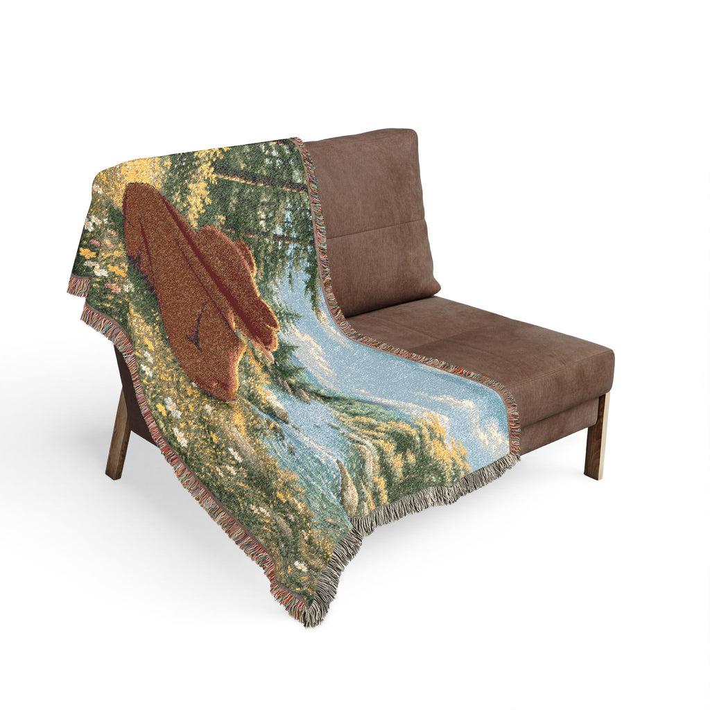 Cozy Bear Woven Blanket, Scenic Bear Tapestry Blanket, Nature River Throw, Rustic Cabin Decor, Woodland Bear Gift, Cozy Home Blanket