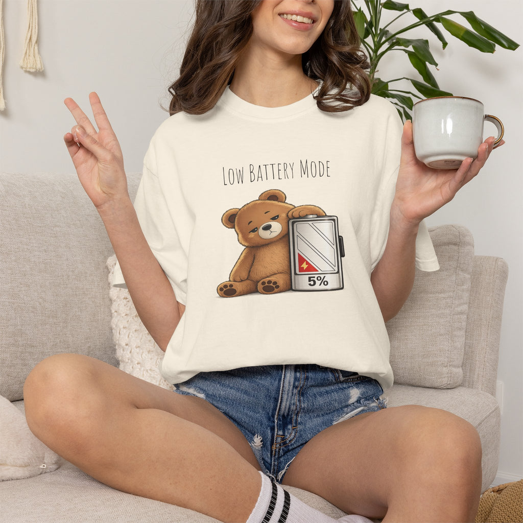 Low Battery Mode Cute Bear T-Shirt I Cute Bear Tee I Heart Warming Graphic Tee, Bear Lover Gift, Cozy Animal Lover T Shirt