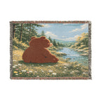 Cozy Bear Woven Blanket, Scenic Bear Tapestry Blanket, Nature River Throw, Rustic Cabin Decor, Woodland Bear Gift, Cozy Home Blanket