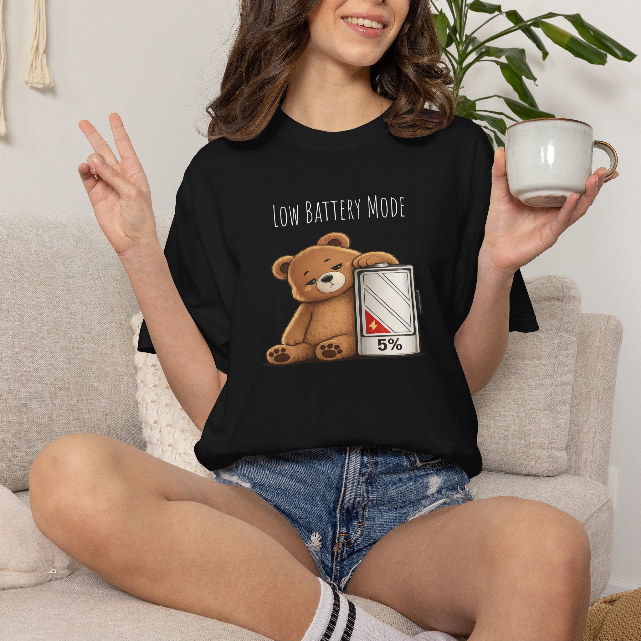 Low Battery Mode Cute Bear T-Shirt I Cute Bear Tee I Heart Warming Graphic Tee, Bear Lover Gift, Cozy Animal Lover T Shirt