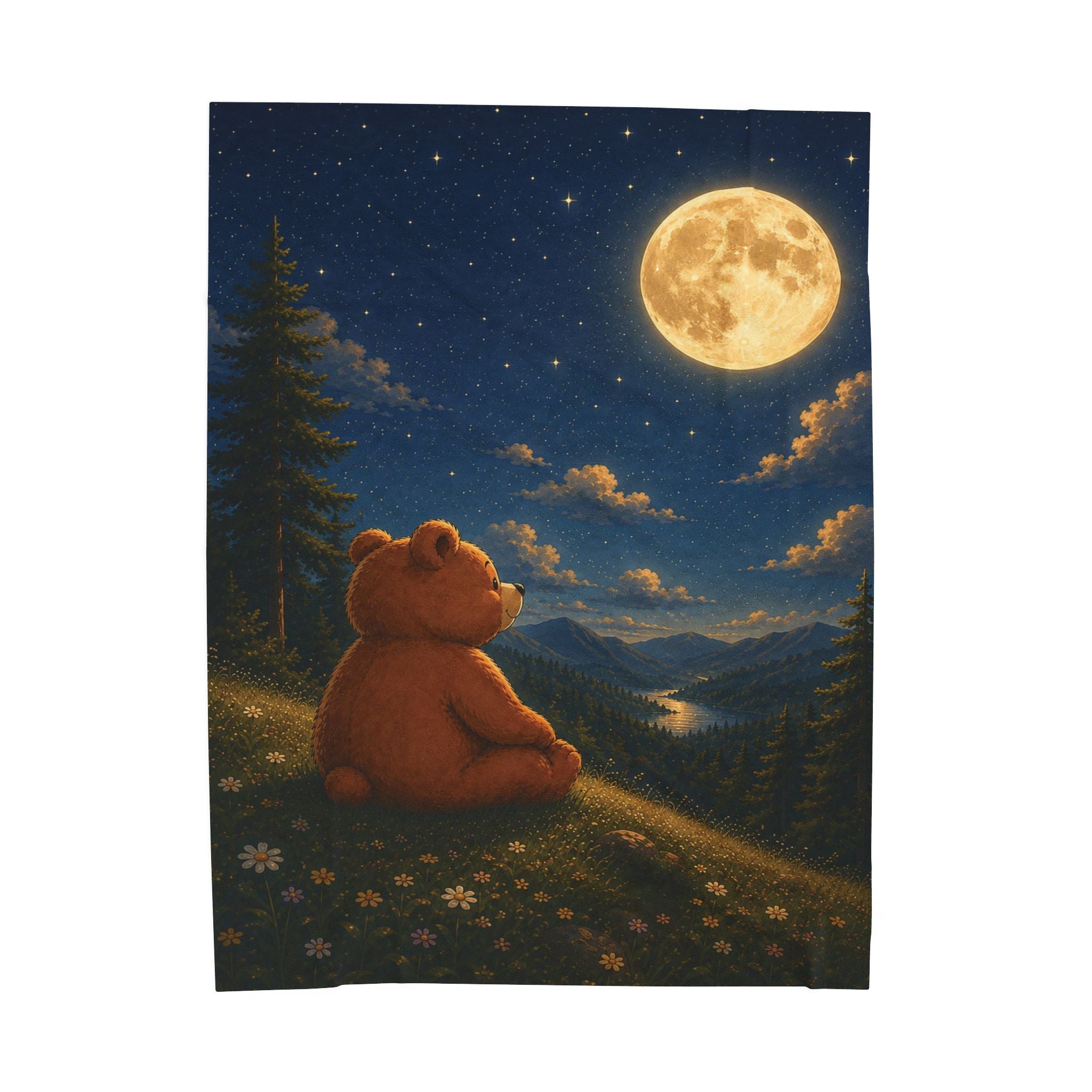Moonlit Bear Plush Blanket, Velveteen Plush Blanket, Nature Lover Gift, Cozy Bear Gift, Bear lover Gift