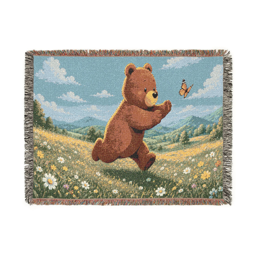 Cozy Bear chasing butterfly Woven Blanket, Scenic Bear Tapestry Blanket, Rustic Cabin Decor, Woodland Bear Gift, Cozy Home Blanket