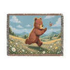 Cozy Bear chasing butterfly Woven Blanket, Scenic Bear Tapestry Blanket, Rustic Cabin Decor, Woodland Bear Gift, Cozy Home Blanket