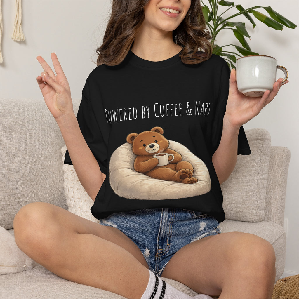 Powered by Coffee & Naps Bear T-Shirt | Cute Cozy Bear Unisex Graphic Tee | Coffee Lover Gift