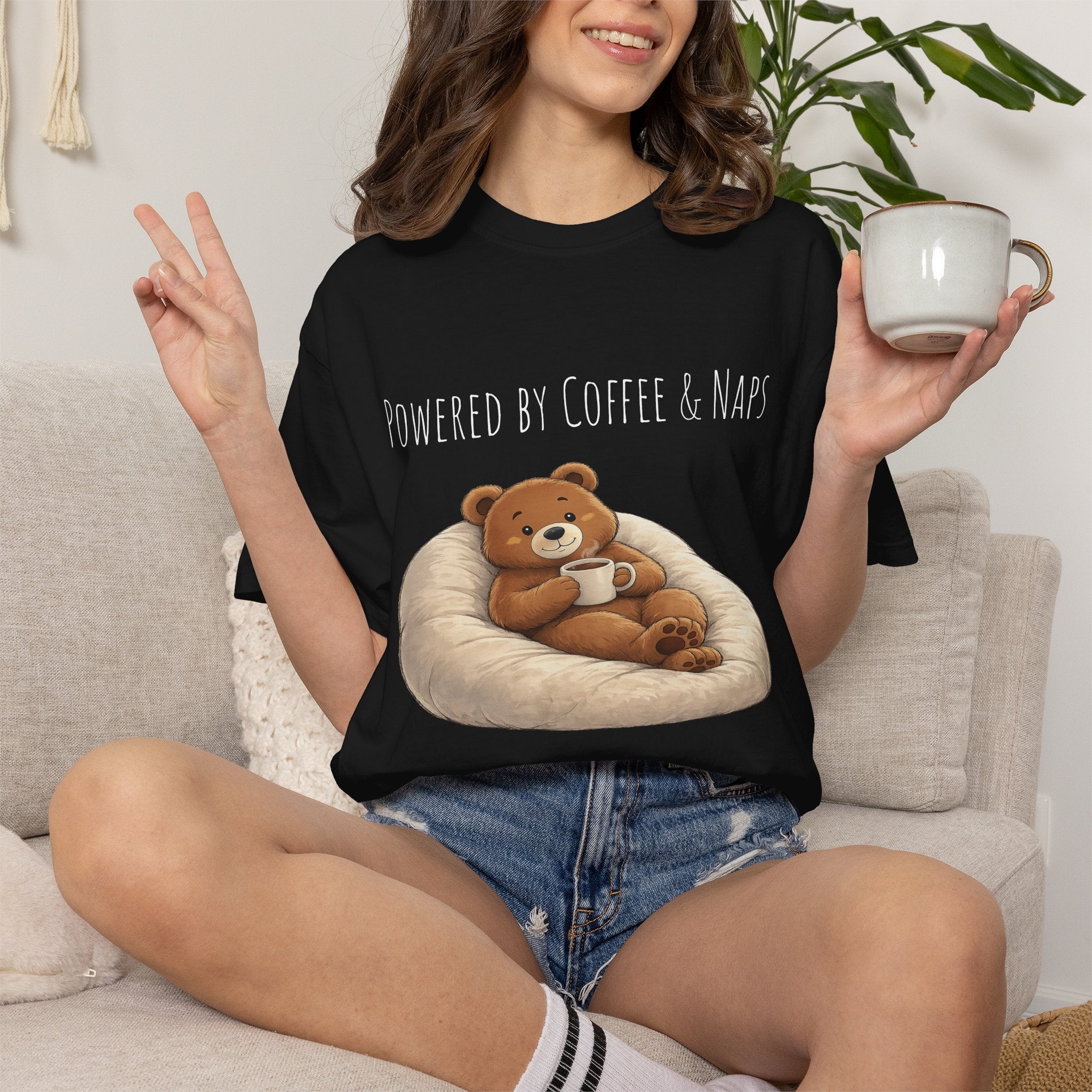 Powered by Coffee & Naps Bear T-Shirt | Cute Cozy Bear Unisex Graphic Tee | Coffee Lover Gift