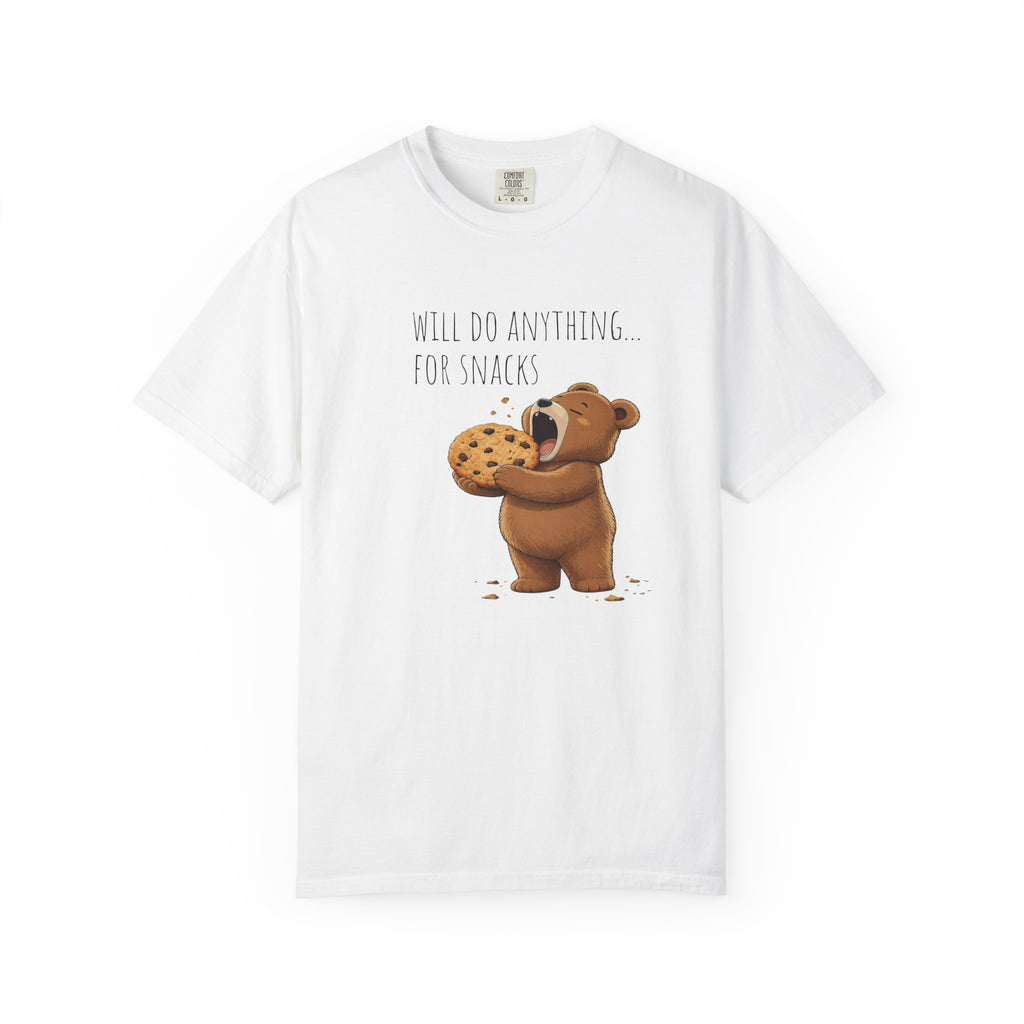 Will Do Anything for Snacks Bear Shirt | Funny Foodie T-Shirt | Cute Bear Graphic Tee | Gift for Snack Lovers