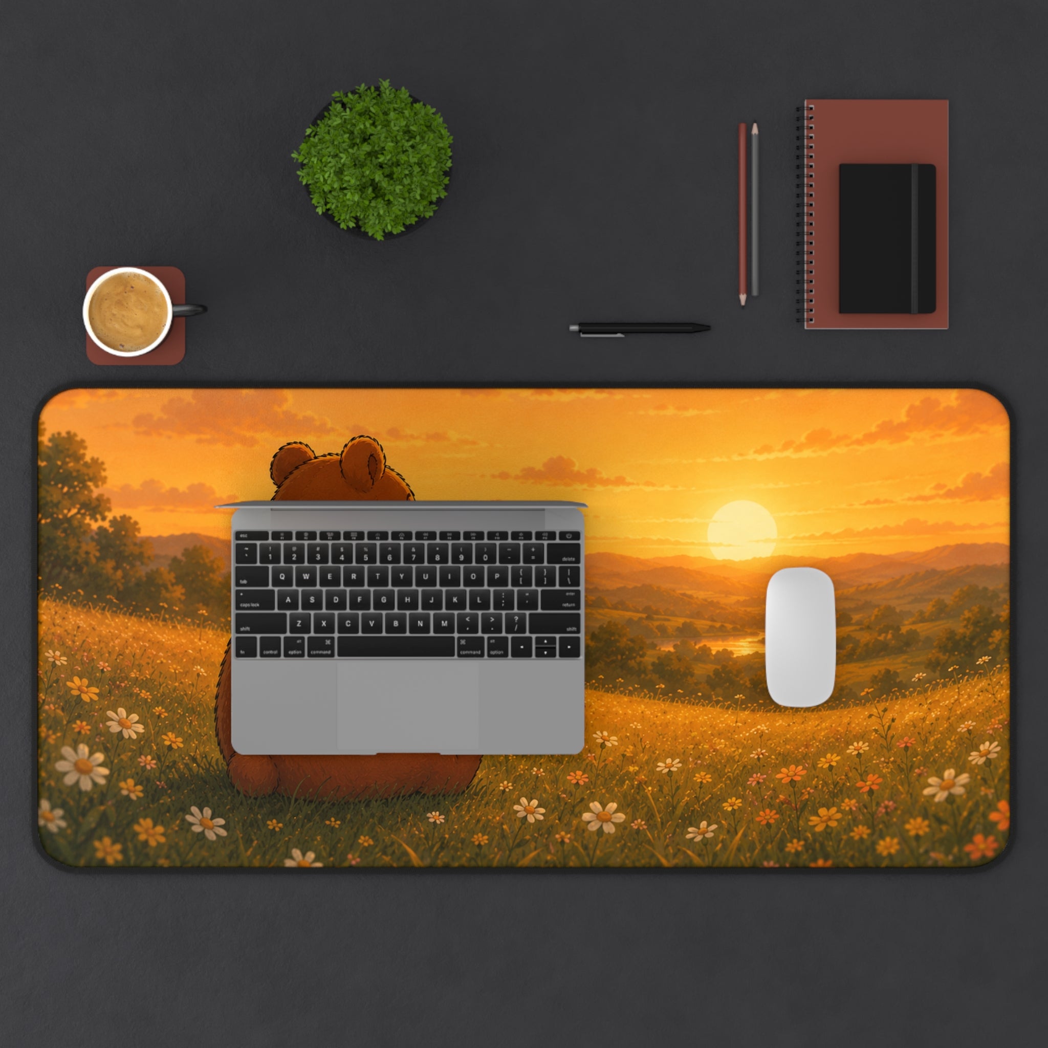 Cute Bear Desk Mat 32x16" | Large Mouse Pad | Cozy Office Desk Decor | Sunset Bear Gaming Mat | Bear Lover Gift