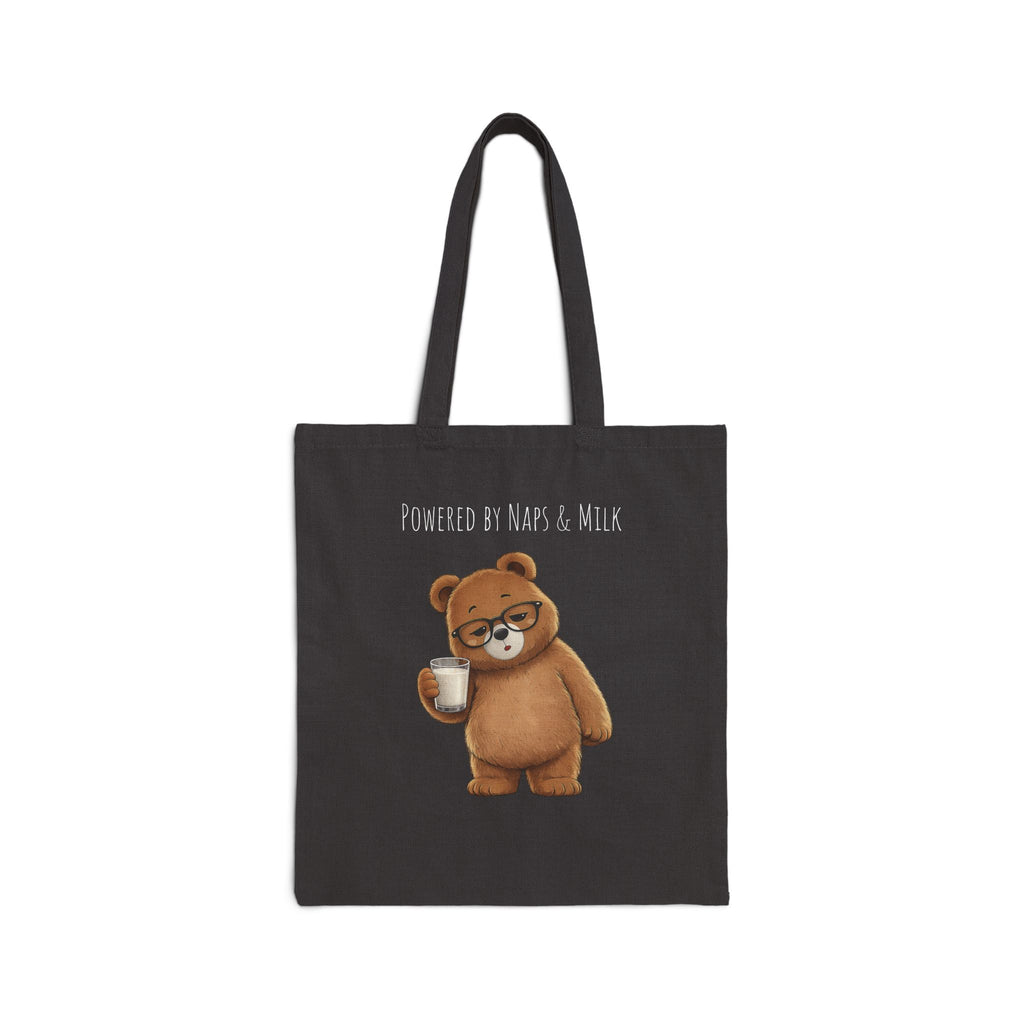 Powered by Naps & Milk Cute Bear Canvas Tote Bag| Funny Teddy Bear Reusable Shopping Bag | Bear Lover Gift |Reusable Shoulder Bag