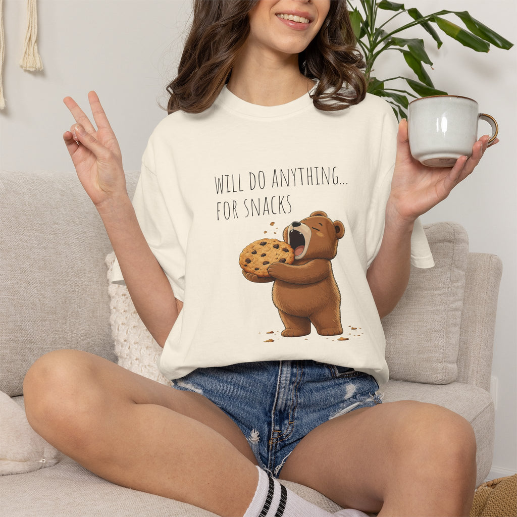 Will Do Anything for Snacks Bear Shirt | Funny Foodie T-Shirt | Cute Bear Graphic Tee | Gift for Snack Lovers