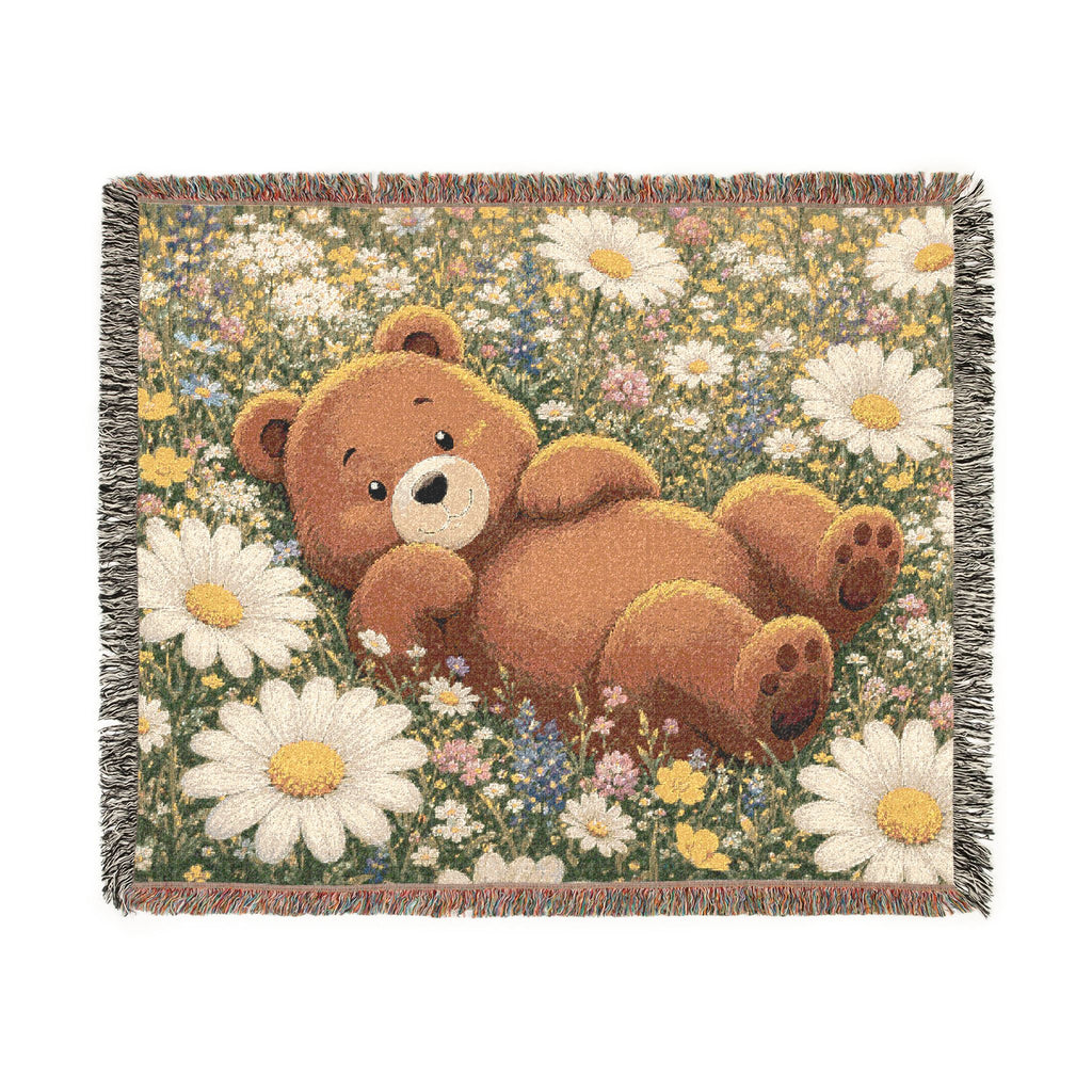 Cute Bear Wildflower Woven Blanket, Scenic Bear Tapestry Blanket, Rustic Cabin Decor, Woodland Bear Gift, Cozy Home Blanket