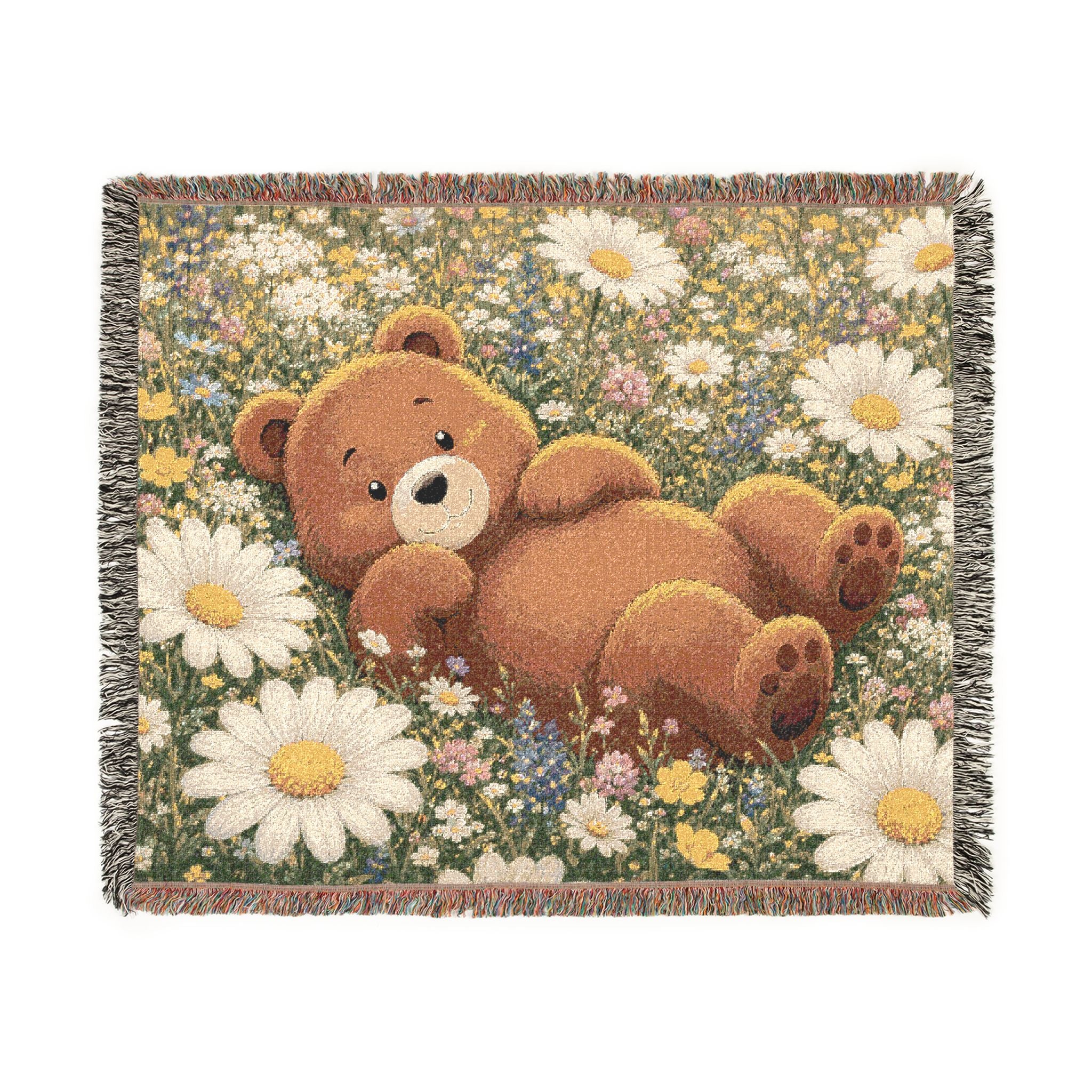 Cute Bear Wildflower Woven Blanket, Scenic Bear Tapestry Blanket, Rustic Cabin Decor, Woodland Bear Gift, Cozy Home Blanket