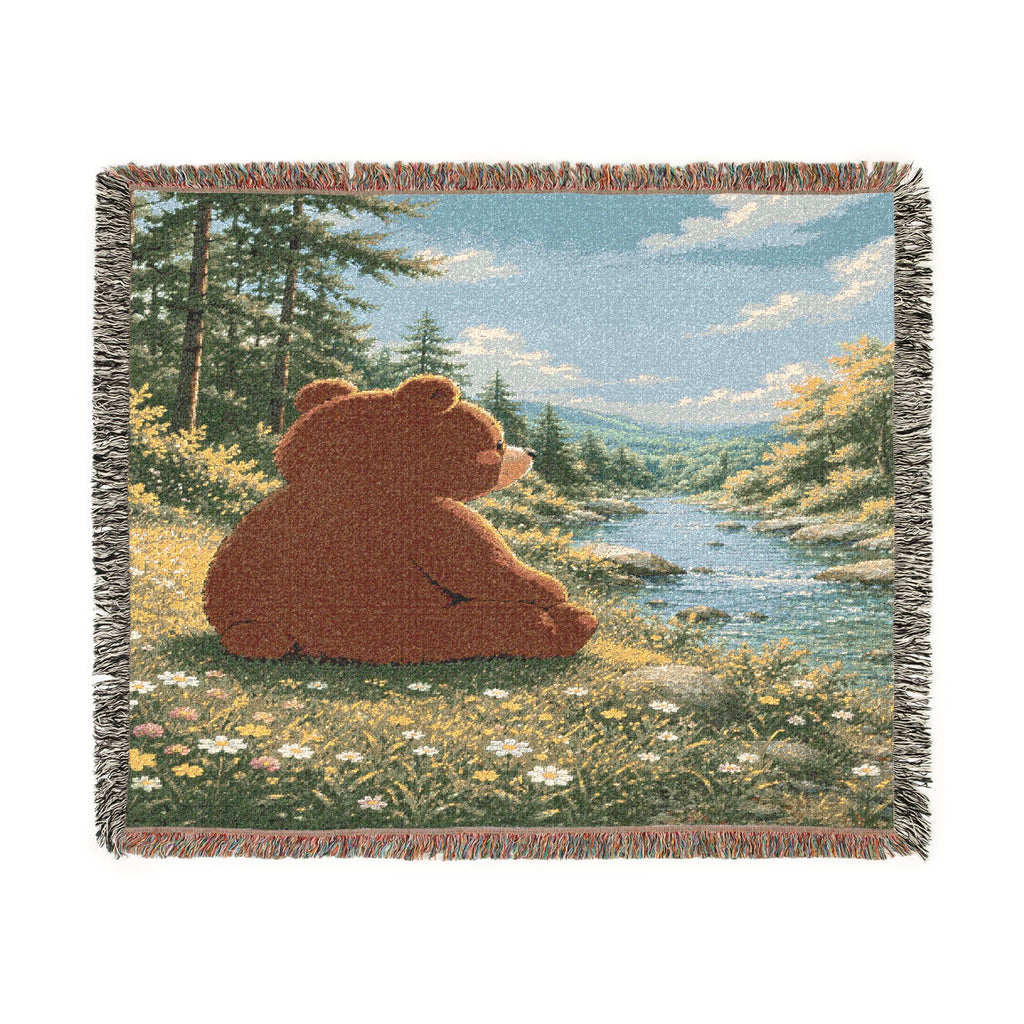 Cozy Bear Woven Blanket, Scenic Bear Tapestry Blanket, Nature River Throw, Rustic Cabin Decor, Woodland Bear Gift, Cozy Home Blanket