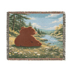 Cozy Bear Woven Blanket, Scenic Bear Tapestry Blanket, Nature River Throw, Rustic Cabin Decor, Woodland Bear Gift, Cozy Home Blanket