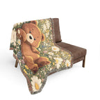 Cute Bear Wildflower Woven Blanket, Scenic Bear Tapestry Blanket, Rustic Cabin Decor, Woodland Bear Gift, Cozy Home Blanket